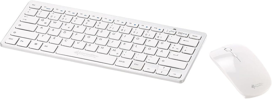 GeneralKeys Kabellose Tastatur: Set: Schlanke Funk-Tastatur mit Scissor-Tasten im Alu-Look &amp; Funk-Ma