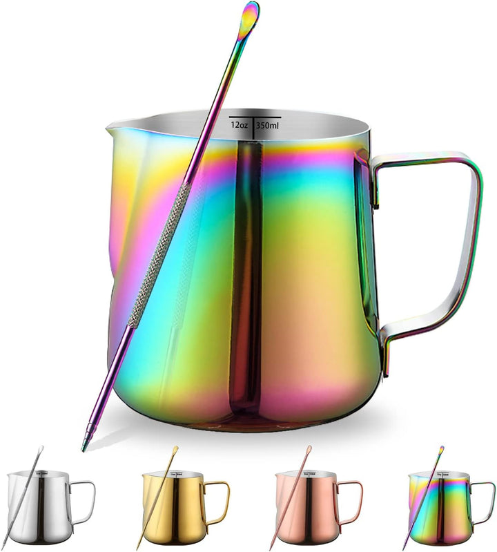 Milchschaumkrug 12 oz 350 ml, Kyraton Espresso-Dampfkrug aus Edelstahl mit Dekorationsstift, Milchka