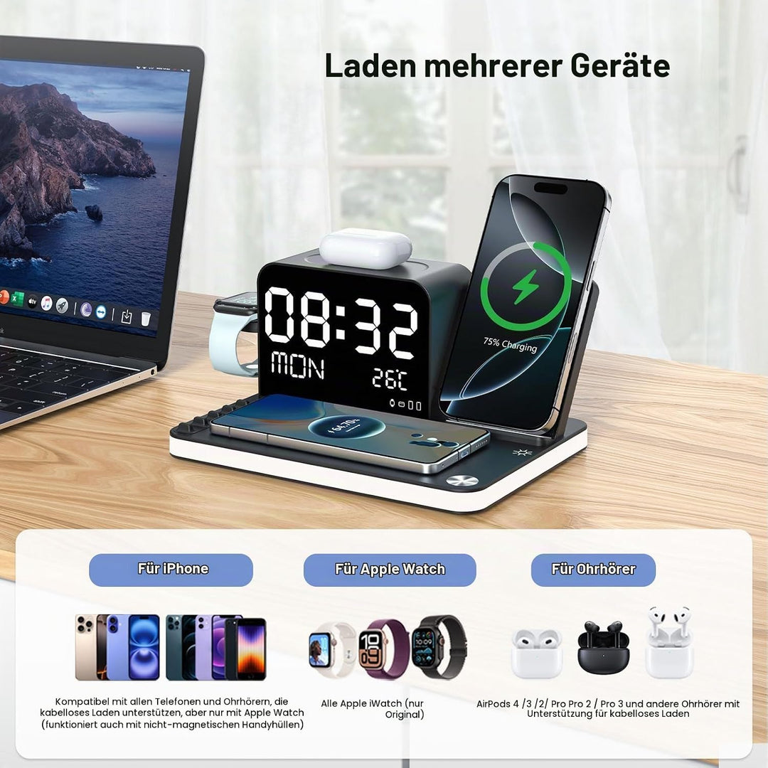 7-in-1 kabelloses Ladegerät mit Uhr, Temperatur &amp; Datum, kompatibel mit iPhone 17/16/15/14/13 Pro Ma