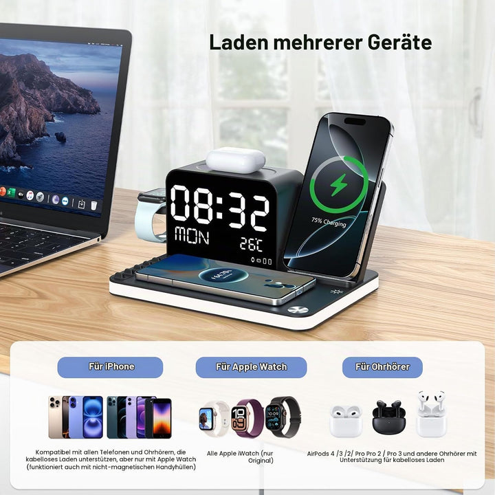 7-in-1 kabelloses Ladegerät mit Uhr, Temperatur &amp; Datum, kompatibel mit iPhone 17/16/15/14/13 Pro Ma