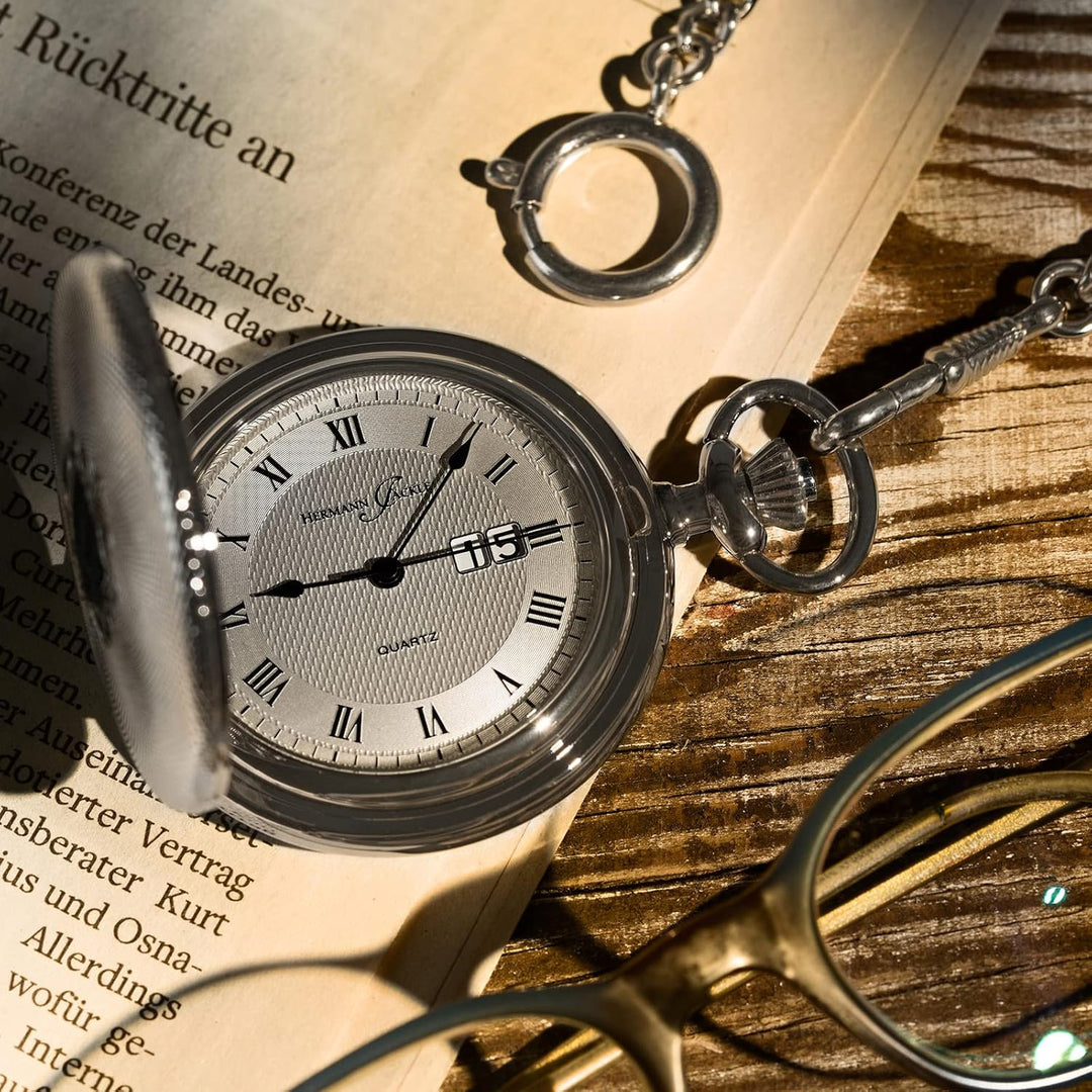 Hermann Jäckle Koblenz II BigDate Quarz Taschenuhr mit Kette & Reiseetui
