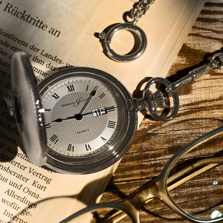 Hermann Jäckle Koblenz II BigDate Quarz Taschenuhr mit Kette & Reiseetui