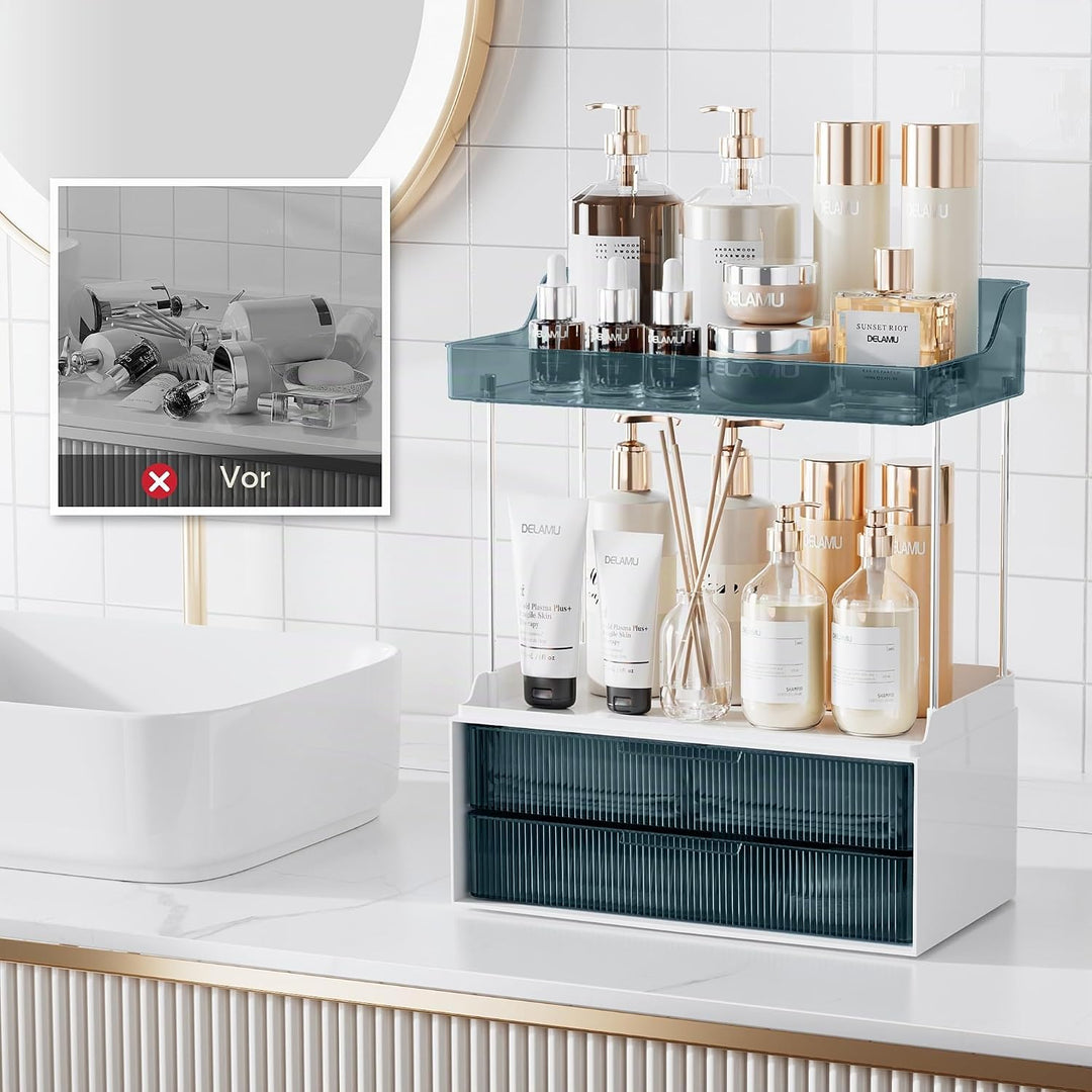 Delamu Make Up Organizer mit 2 Schubladen, 2 Etagen Kosmetik Organizer, Multifunktions Grösser Kosme