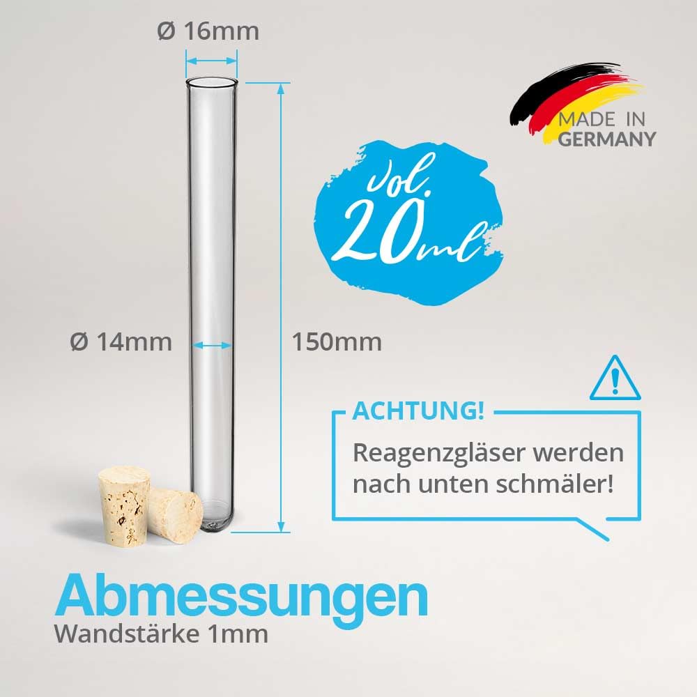Tuuters 100x Kunststoff Reagenzgläser mit Korken (Naturkorken), Reagenzröhrchen (150 x Ø