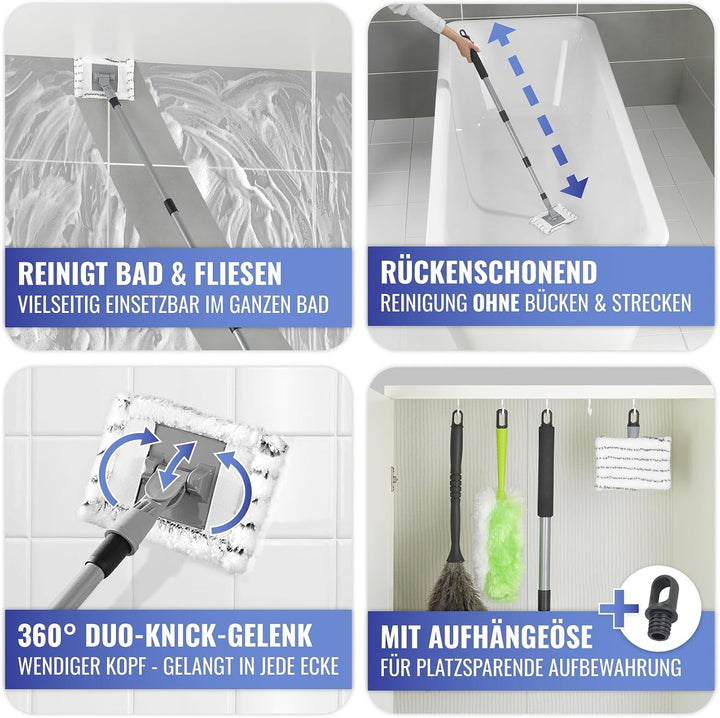 Maximex Teleskop Bad- und Fliesenwischer Profi, 360° Duo-Knickgelenk, Inkl. 2 Bezüge, Waschbar bis 6