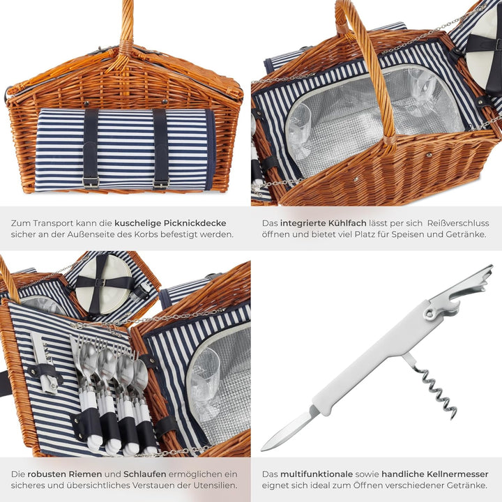 tectake® Picknickkorb und Picknickdecke 4 Personen, befüllter Picnic Basket Weidenkorb für Ausflug,