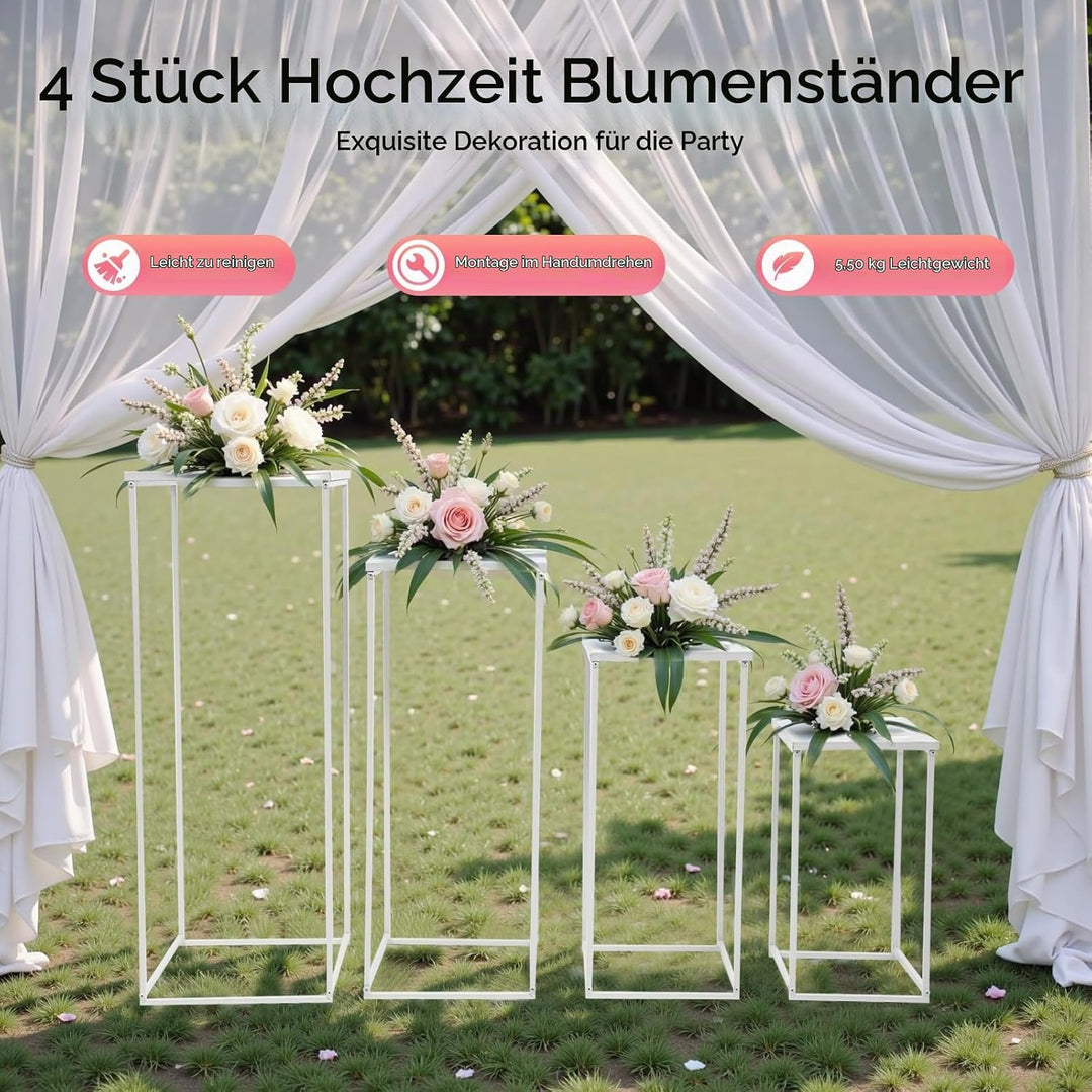 4 Stück Blumenständer, Metall Blumensäule Quadratisch Hochzeitsvase Weiss Pflanzenständer Bodenvasen