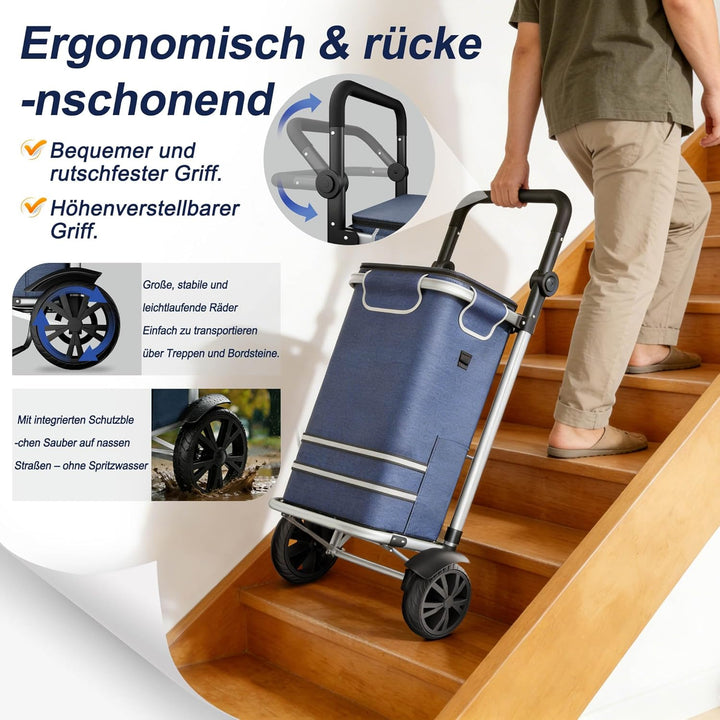 3in1 Klappbarer Einkaufstrolley 56L | Einkaufsroller mit Umhängetasche & Sackkarre | Einkaufswagen B