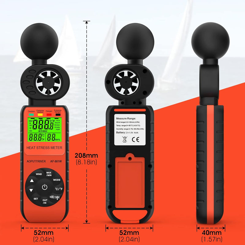 AOPUTTRIVER Windmesser Windmessgerät AP-881W, Hand-Anemometer mit Windgeschwindigkeit/Temperatur/Luf