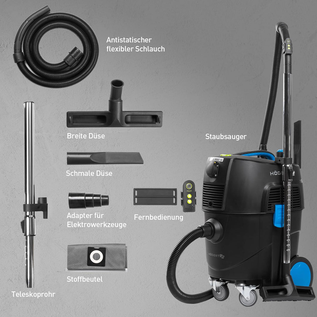 Högert Technik – Nass- und Trockensauger 30 L mit automatischer Filterreinigung, Funkfernbedienung,