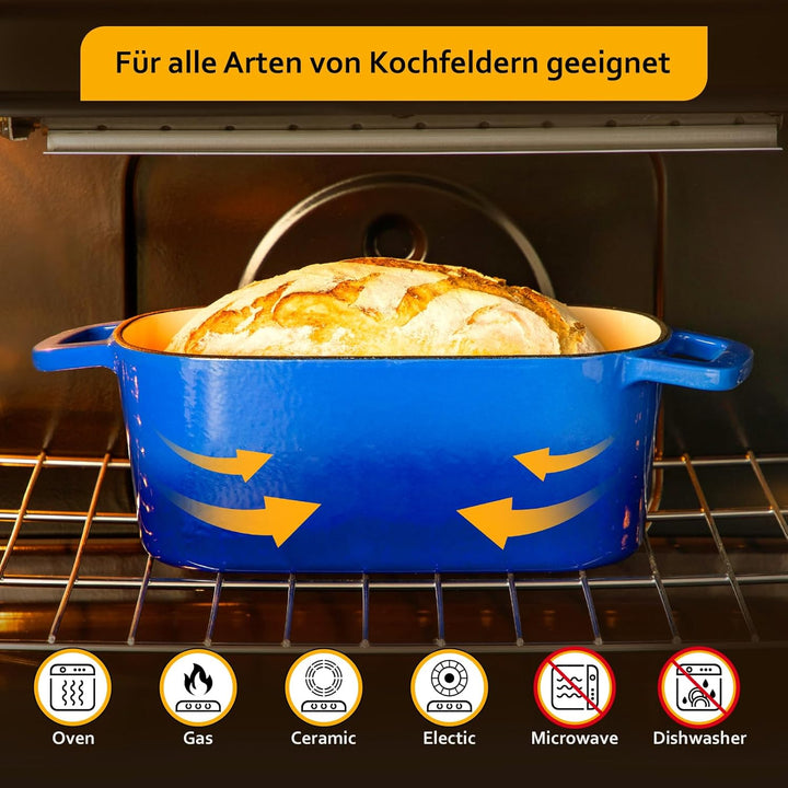 Velaze Gusseisen Topf 3,45L, 28cm Gusseisen Bräter mit Deckel – Quadrat Schmortopf mit Deckel Backof