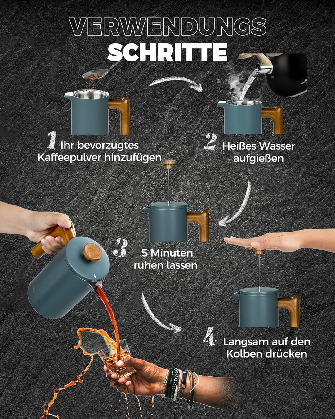 Poliviar French Press Kaffeebereiter 600 ml/21oz, Doppelwandige Isolierte Kaffeekanne und Teebereite
