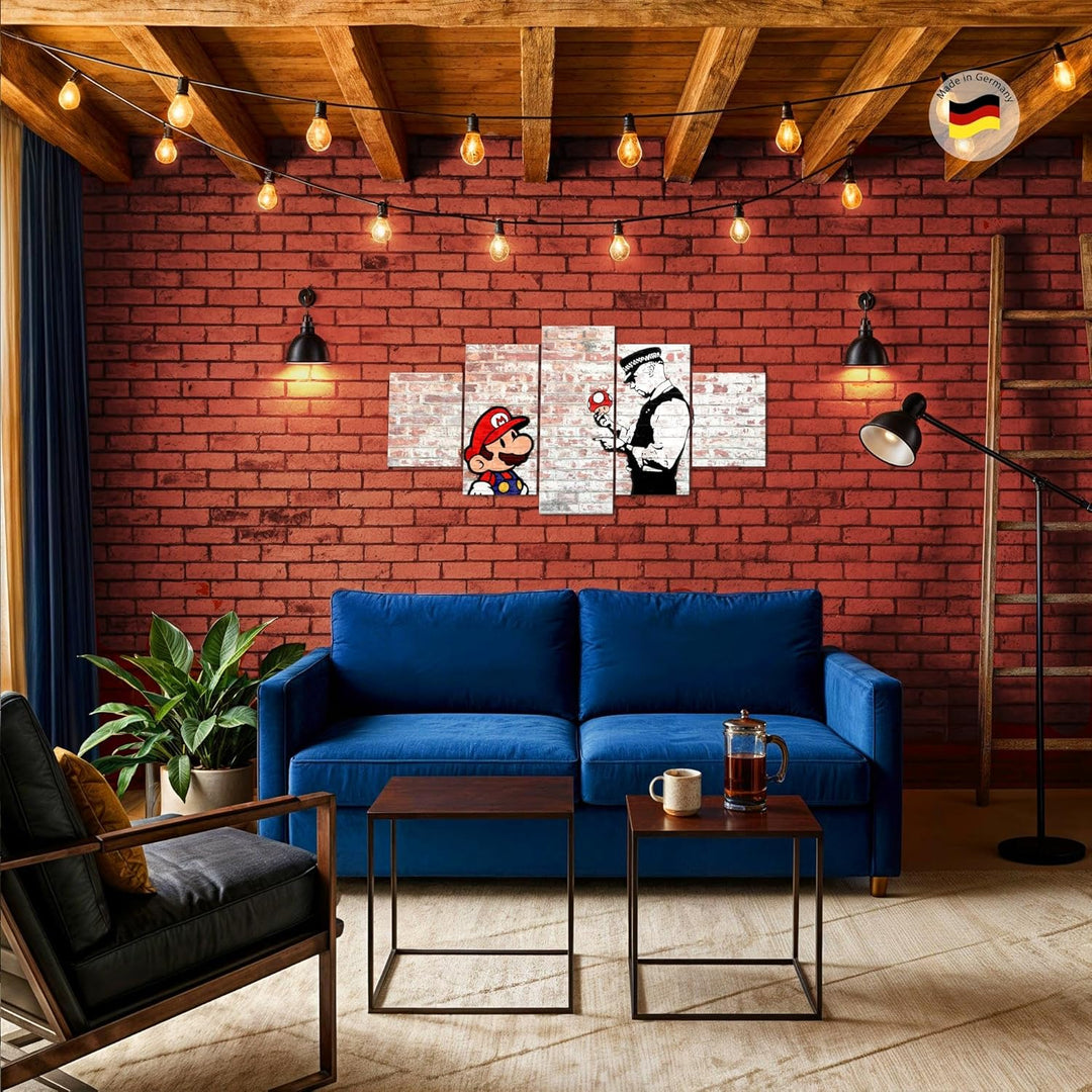 Runa Art Wandbilder Mario and Cop Banksy 5 Teilig Bild auf Vlies Leinwand Deko Jugendzimmer Wohnzimm