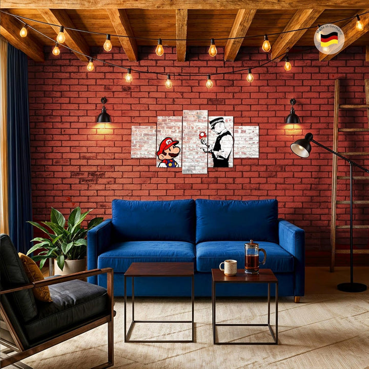 Runa Art Wandbilder Mario and Cop Banksy 5 Teilig Bild auf Vlies Leinwand Deko Jugendzimmer Wohnzimm