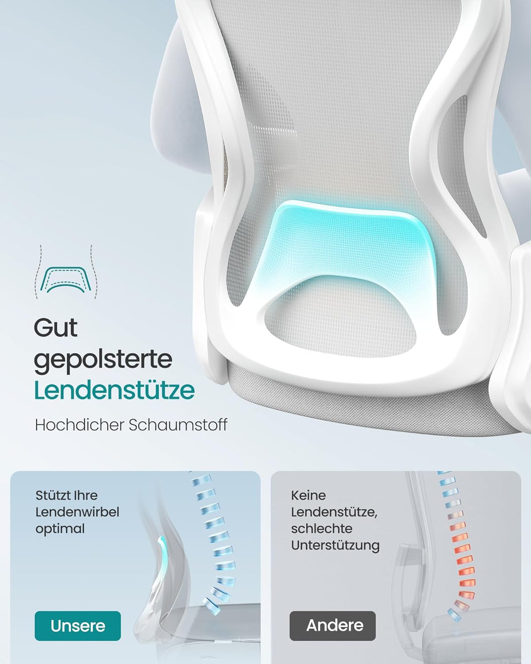 SONGMICS Bürostuhl ergonomisch, Drehstuhl mit Netzgewebe, Schreibtischstuhl mit Lendenstütze, Wippfu