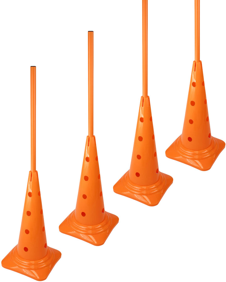 Kombi-Kegel 50 mit Stange 100 cm – 4er Set – Pylone mit Slalomstange – für Slalom-Parcours – Agility