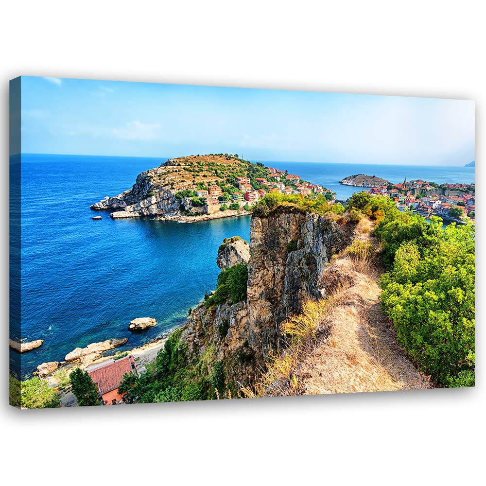 Feeby Leinwandbild Stadt am Meer Bild Kunstdruck Landschaft Blau 70x50 cm
