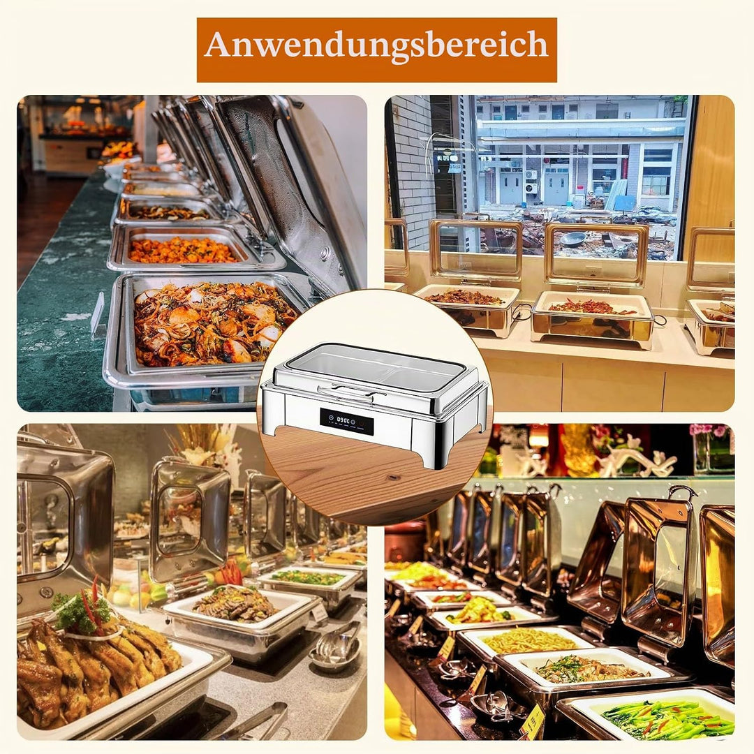 Chafing Dish Elektrisch, 9L Edelstahl Speisewärmer Buffetwärmer Einstellbare Temperatur, Warmhaltebe