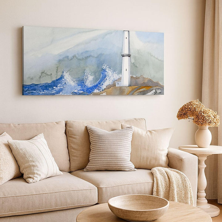 Bilder auf Leinwand 100x40cm Leinwandbild Leuchtturm Wasser Illustration Welle Gross Wanddeko Bild S