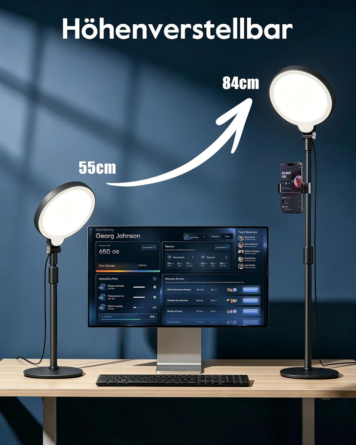 Ringlicht mit Ständer, Schreibtischlampe mit 3 Farbtemperaturen & 10 Helligkeitsstufen, CRI>97,8 Str