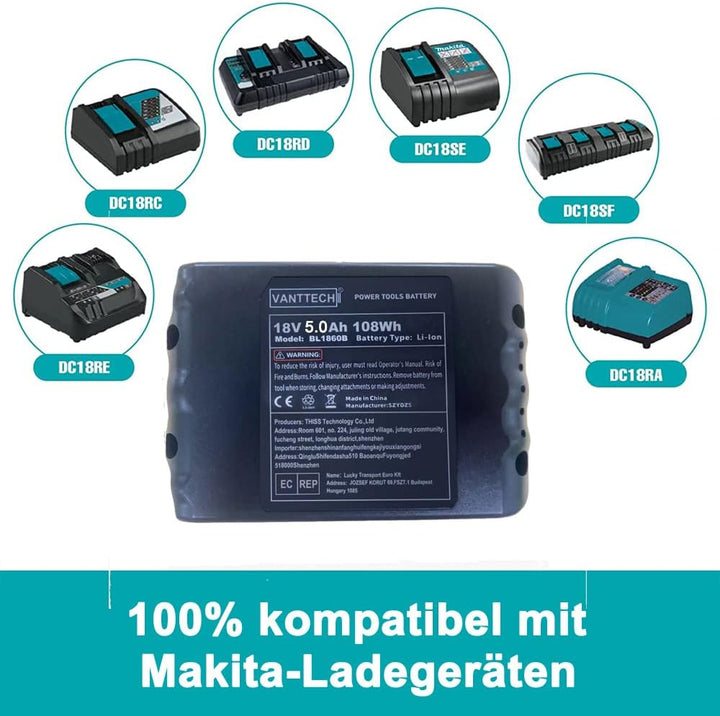 VANTTECH 5,0 Ah Li-Ion Akku Ersatz für Makita 18V AKKU BL1850B BL1850 BL1840B BL1840 BL1830B BL1830