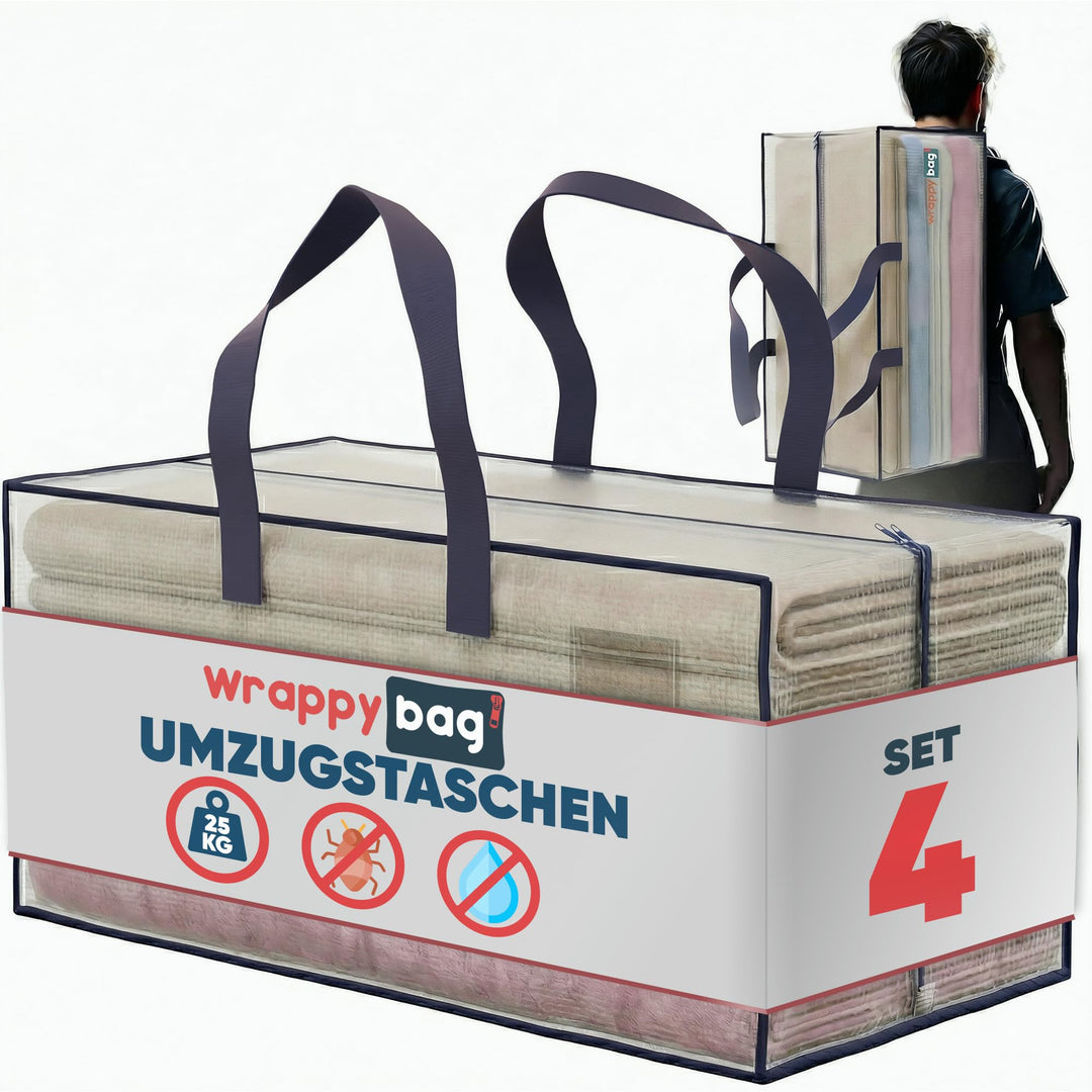 WRAPPYBAG 4er-Set Grosse Kunststoff-Aufbewahrungstaschen – Jumbo XXL Umzugstaschen – Wasserdicht, St