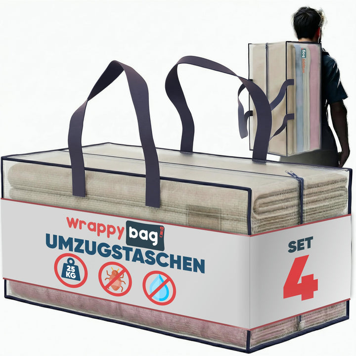 WRAPPYBAG 4er-Set Grosse Kunststoff-Aufbewahrungstaschen – Jumbo XXL Umzugstaschen – Wasserdicht, St
