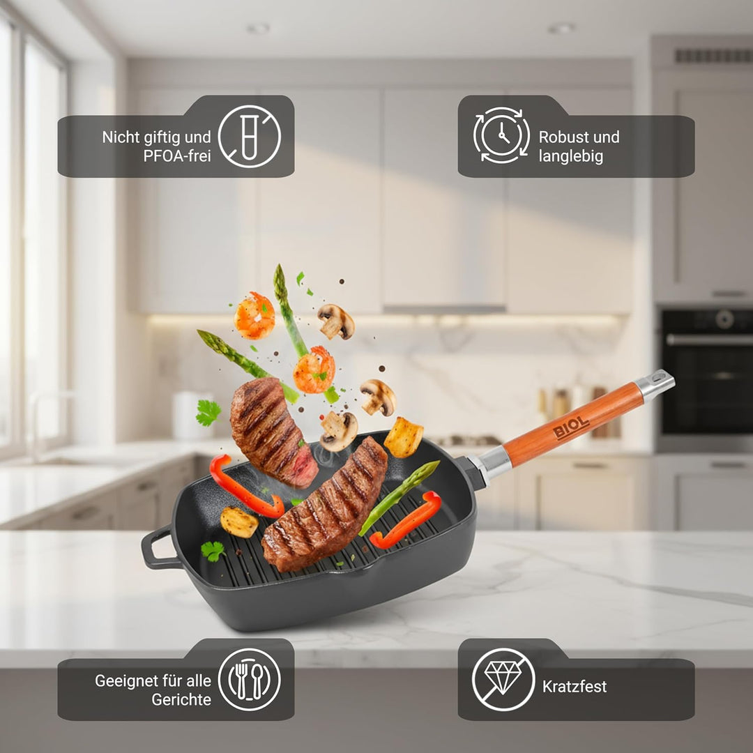 BIOL Quadratische Grillpfanne aus Gusseisen 26×26 cm – Für Induktion, Backofen & Grill (mit Glasdeck
