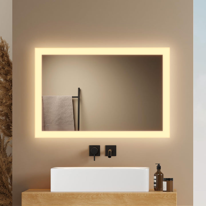 EMKE® Badspiegel mit Beleuchtung 60x40cm LED Wandspiegel 3000K Warmweiss Wandschalter Vertikal/Horiz