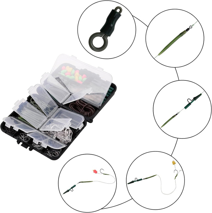 Karpfen Angelzubehör Set, 225stk Karpfen Tackle Kit inkl. Karpfenhaken, Anti-Verhedderungshülsen, An