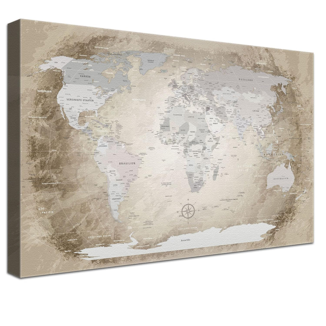 LANA KK - Luxus Pinnwand Weltkarte - Beige - Deutsch - in 100 x 70 cm, stabile Rückwand zum Pinnen i