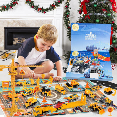 iZoeL Adventskalender 2024 Autos Kinder Junge 24 Fahrzeuge aus Legierung Baustelle Bagger Lastwagen