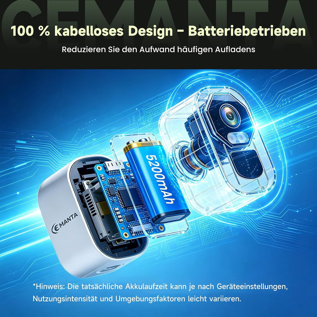 4MP Überwachungskamera Aussen Akku - 2,4G/5GHz WLAN, Kostenlosem Cloud-Speicher, IP66 wetterfest, AI