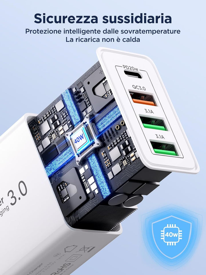 USB Ladegerät, 2er Pack 4 Ports USB Adapter Schnellladegerät mit USBC und USBA, 40W USB C Ladegerät