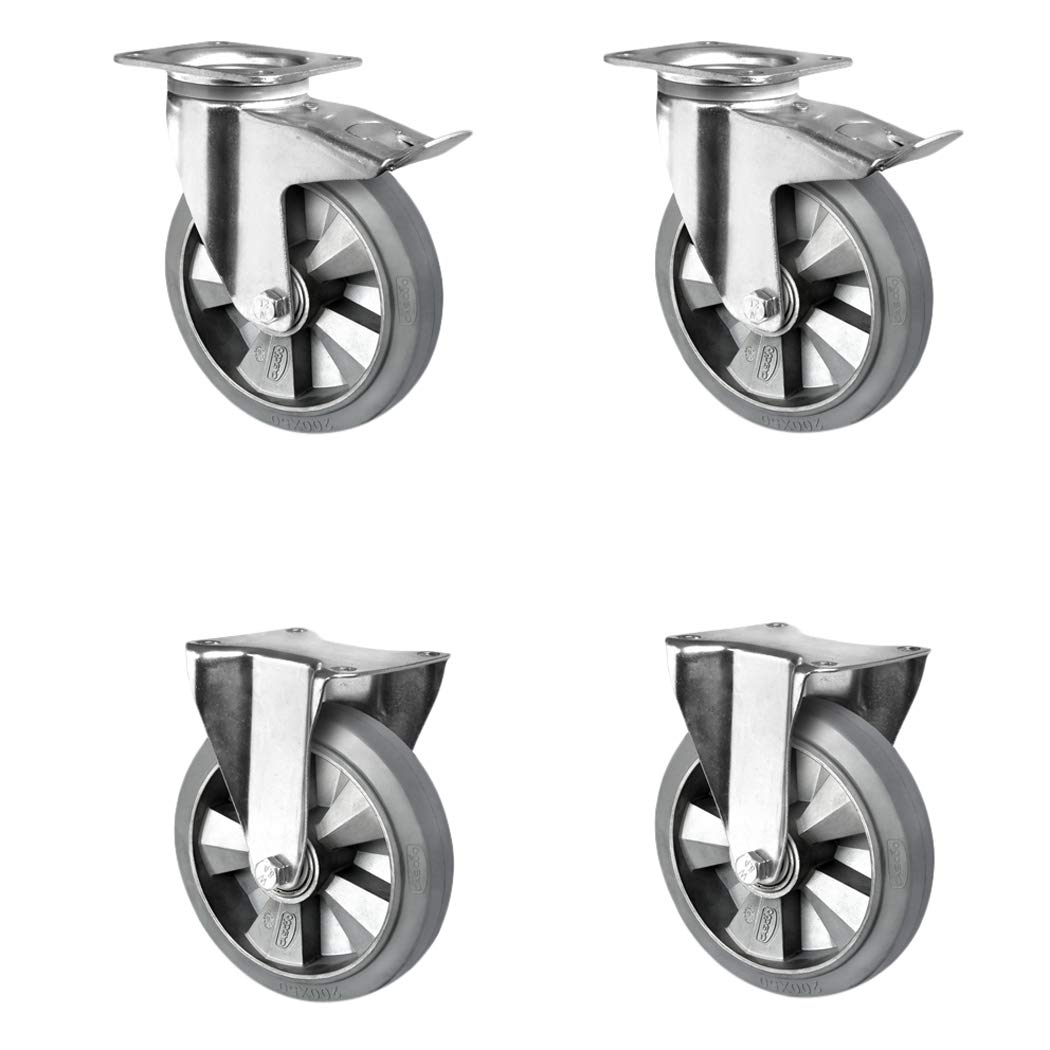 CASCOO SETTHFH200BAF2D0N Rollensatz 2 Lenkrollen mit Feststeller, 2 Bockrollen, Aluminiumfelge, Elas