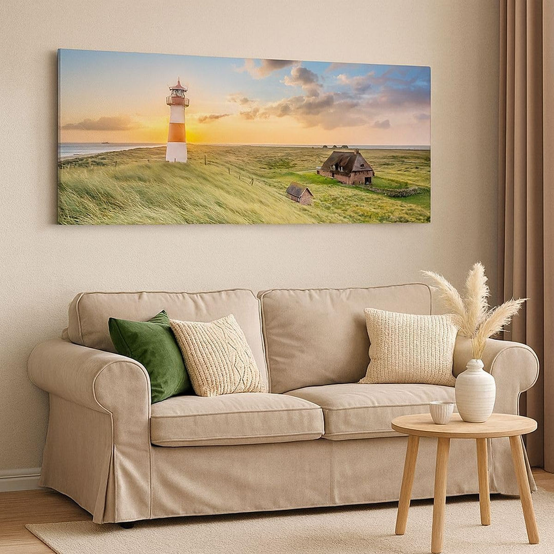 Wandbilder Dekoration Wohnzimmer Leuchtturm Meer Panorama Bilder auf Leinwand 120x50cm Leinwandbild