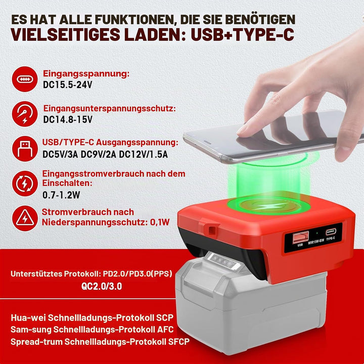 Wireless Für Einhell Akku USB Ladegerät Adapter, Kabelloses Tragbares Ladegerät Für Einhell 18v, USB