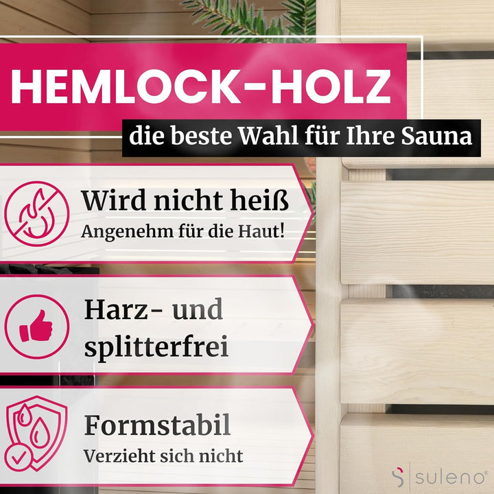 Suleno® Sauna Zubehör – Saunaliege Holz aus Hemlock, kürzbar, astarm – Saunabank LARVIK in 3 Grössen