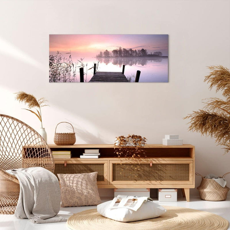 Panorama Bilder auf Leinwand 100x40cm Leinwandbild Morgen Sonnenaufgang Nebel See Gross Wanddeko Bil