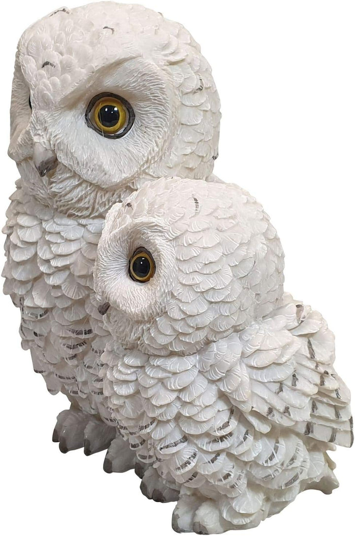 Fachhandel Plus 2 weisse Schnee-Eulen Dekofigur Vogel Eule mit Kind Tierfigur Greifvogel Garten