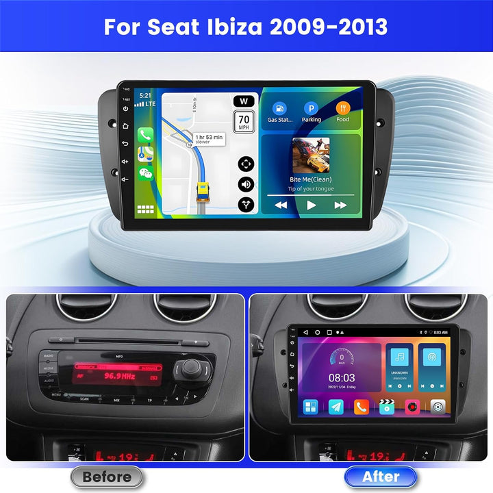 Android 15 Radio für Seat Ibiza 2009-2013 2+64G mit Wireless CarPlay Android Auto, 9 Zoll Bildschirm