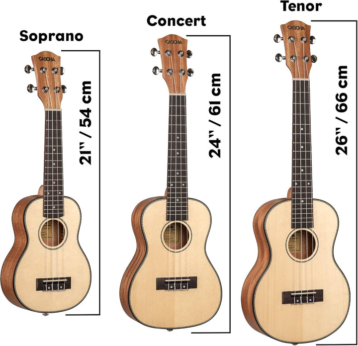 CASCHA Konzert Ukulele, Massive Fichtendecke, Solid Top, Hawaii Gitarre Set mit Aquila-Saiten, Zubeh