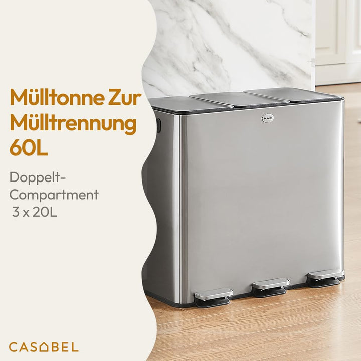 CASABEL Mülleimer Küche 60 L - Mülltrennsystem 3 x 20 L aus Rostfreiem Edelstahl, Rechteckiger Recyc