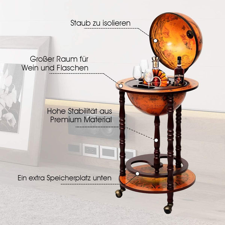 DREAMADE Globus Bar Barwagen, Weinregal auf Rollen, Minibar Globus Hausbar, Servierwagen mit Klassis