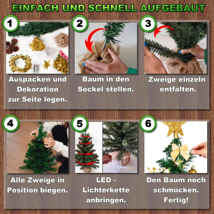 Weihnachtsbaum künstlich (WBD) 60 cm grün mit Weihnachtsdeko Gold und Led Lichterkette mit Batterieb