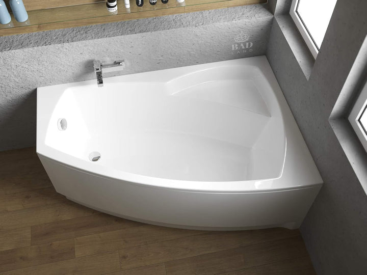 BADLAND Badewanne Original Weiss Acryl Wanne Eckbadewanne FRIDA 150x90 Rechts KOMPLETTSET SET mit We