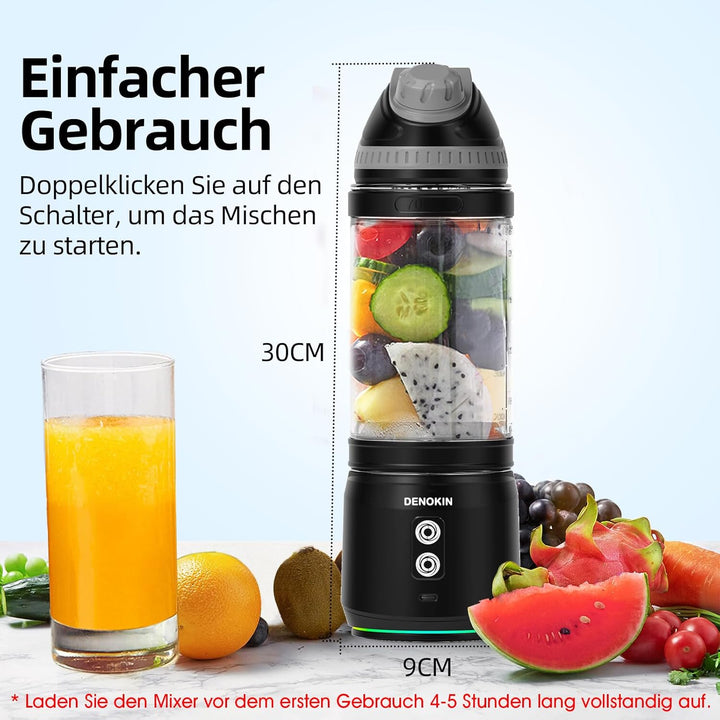 DENOKIN Tragbarer Mixer, 700ml Smoothie Maker to Go, Mini-Standmixer mit 6-Klingen Edelstahl, Wieder