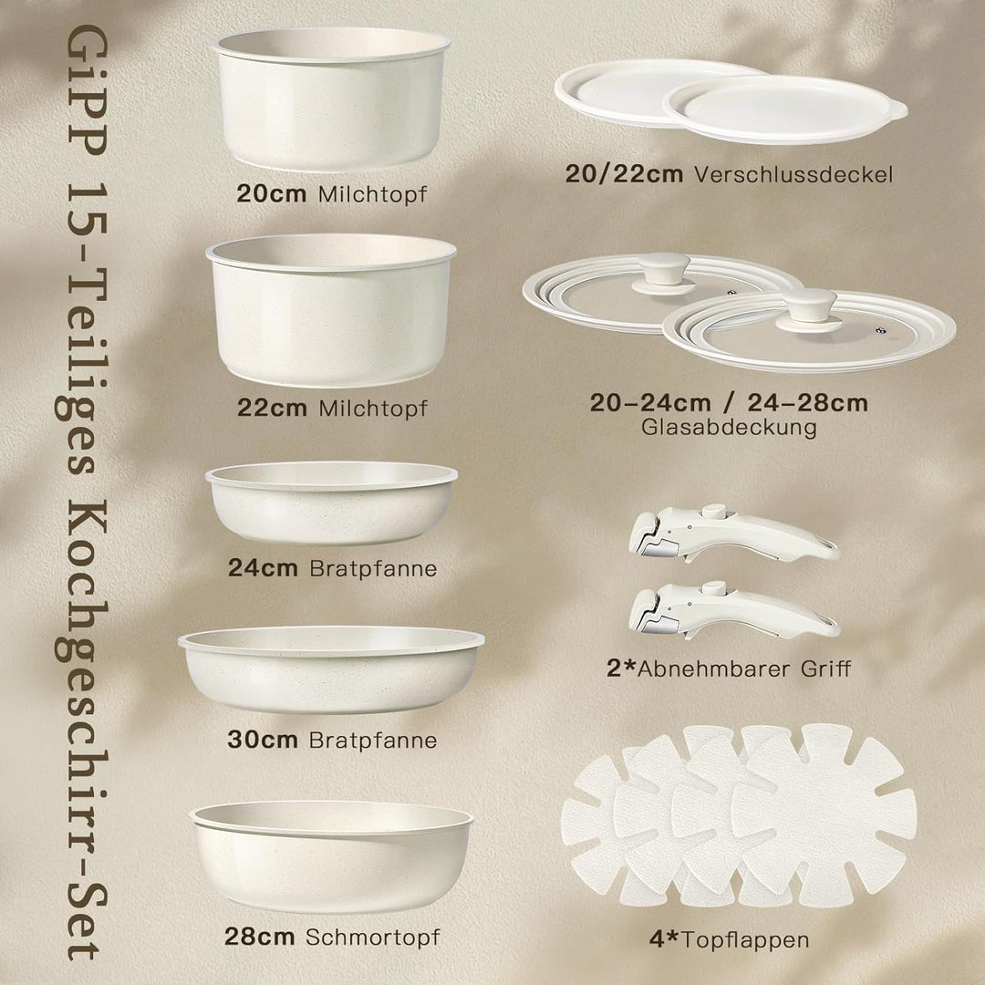 GiPP Pfannenset Topfset mit Abnehmbarer Griff, 15-Teilig Topfsets Induktion mit Granit Antihaft Besc