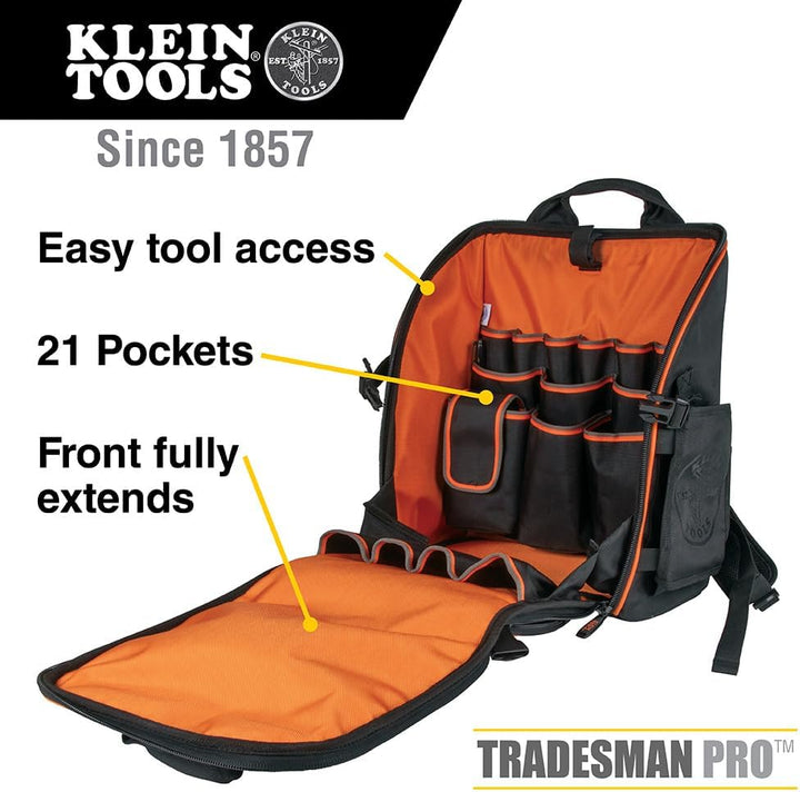 Klein Tools 55482 Werkzeugtasche Rucksack, robuster Tradesman Pro Werkzeug-Organizer mit 21 Taschen