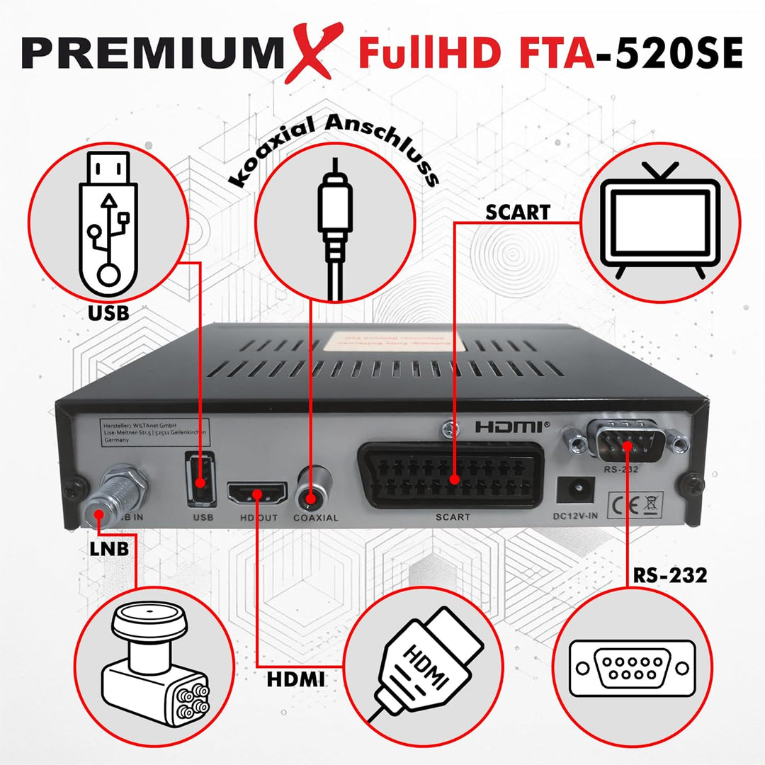 PremiumX Satelliten-Receiver HD 520SE FTA Digital SAT TV Receiver DVB-S2 FullHD HDMI SCART 2X USB Mu